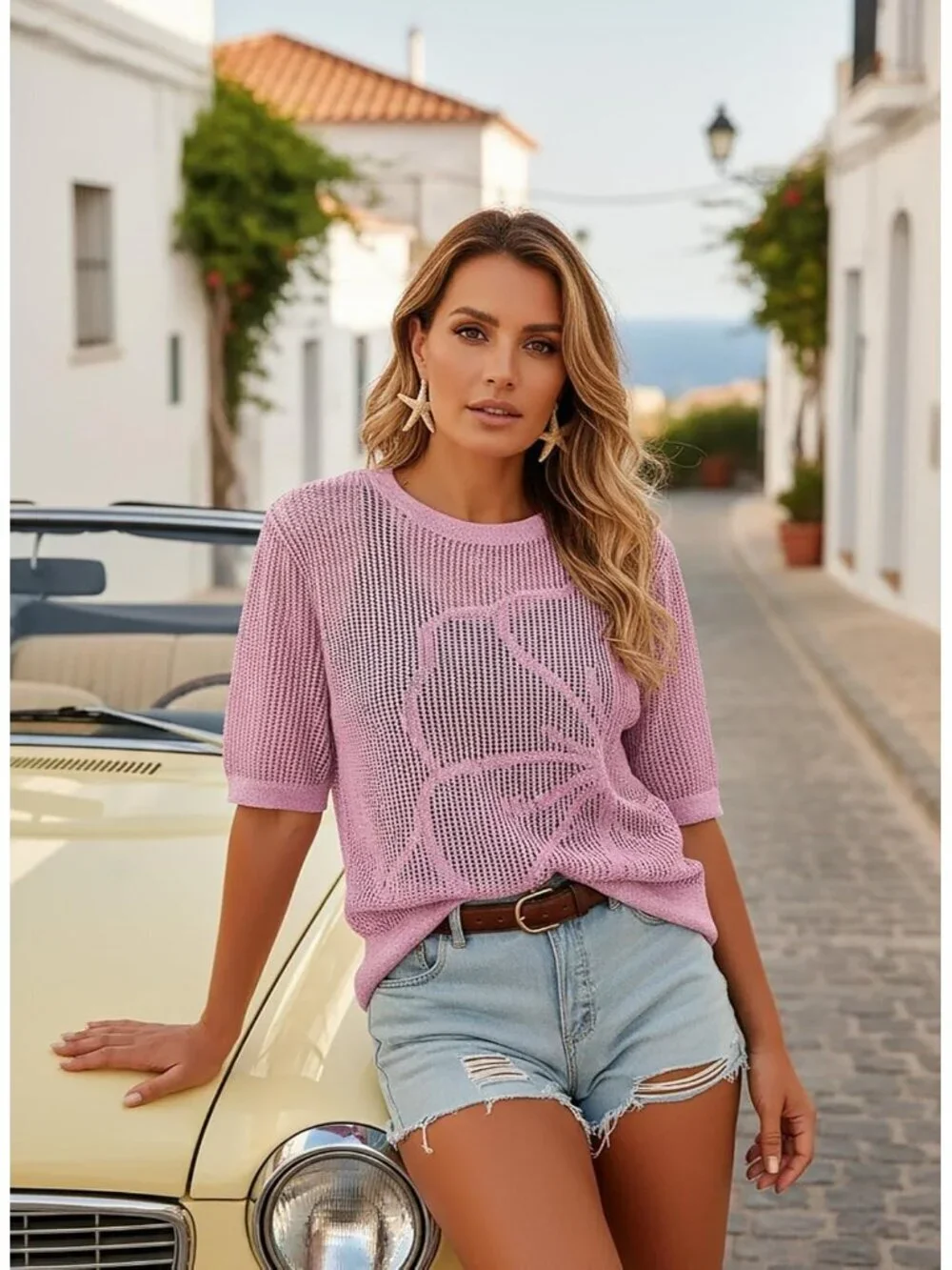 Women Pink Summer Short Hollow Out Floral Sweaters Beach Vacation Cruise Tops